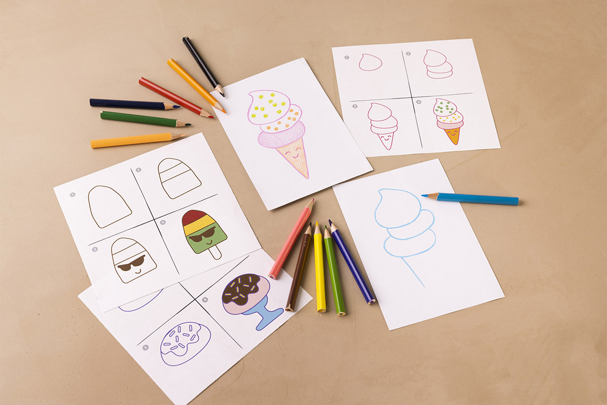Met behulp van eenvoudige vormen leren kinderen ijs en taarten tekenen.
